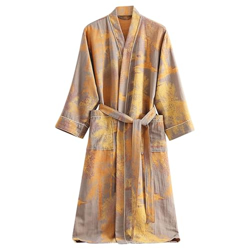 Roupão de banho tipo kimono para mulher, com estampado vintage do Reino Unido, comprimento médio, roupão de banho de manga comprida, leve, camisola com bolsos, cor preta, Amarelo1, M