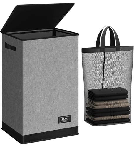 SOLEDI Laundry Hamper with Lid 90L Large & Tall Collapsible Laundry Basket, Clothes Hamper with Bag Removable Easy to Carry, Dirty Hampers for Bedroom, Bathroom, Dorm, College, Grey