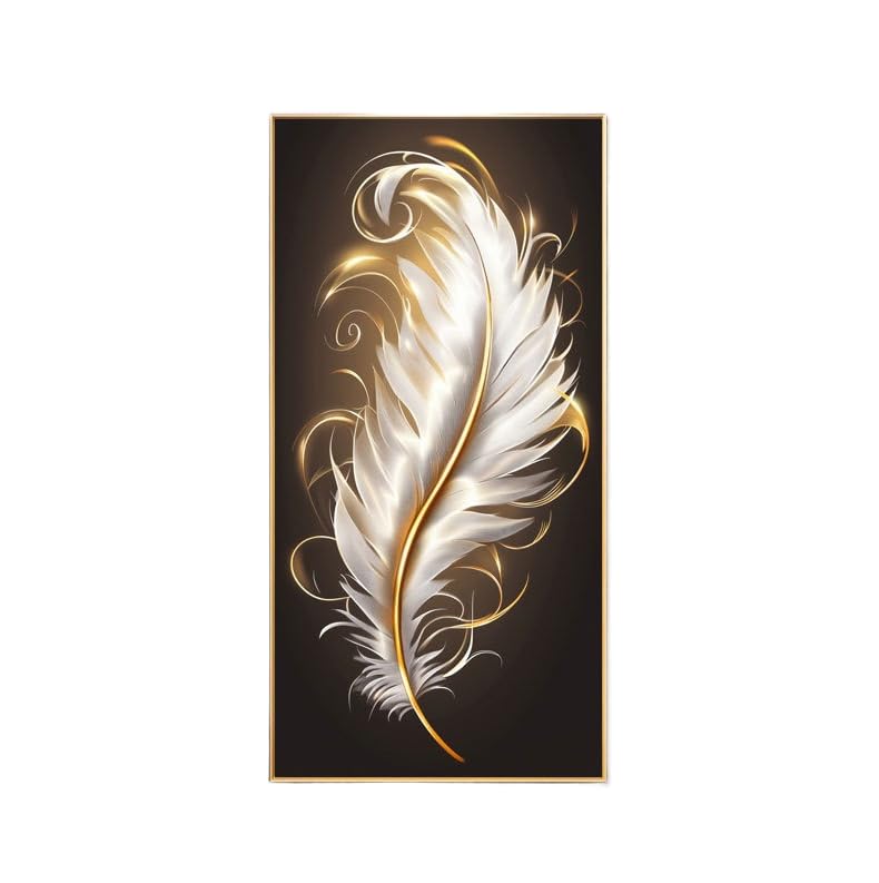 Suspension murale pour salon avec cadre or et motif plume artistique