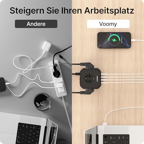 Voomy 9-in-1 Steckdosenwürfel Mit USB C (20W), Mehrfachsteckdose 4000W, 2M Verlängerungskabel, Mehrfachstecker Schalter, Steckerleiste Überspannungsschutz, Steckdosenleiste USB C, Schwarz – Bild 5