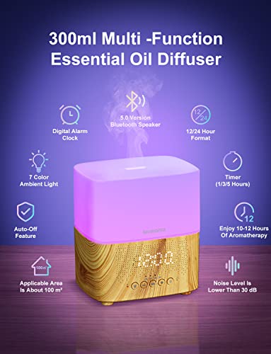 Lovaroma 300Ml Essential Oil Diffuser With Bluetooth Speaker, Digital Alarm Clock, 7 Color Ambient Light, Timer (1/3/5H), Auto-Off Feature - Aroma Mist Humidifier For Large Room, Office, Yoga #TOP1