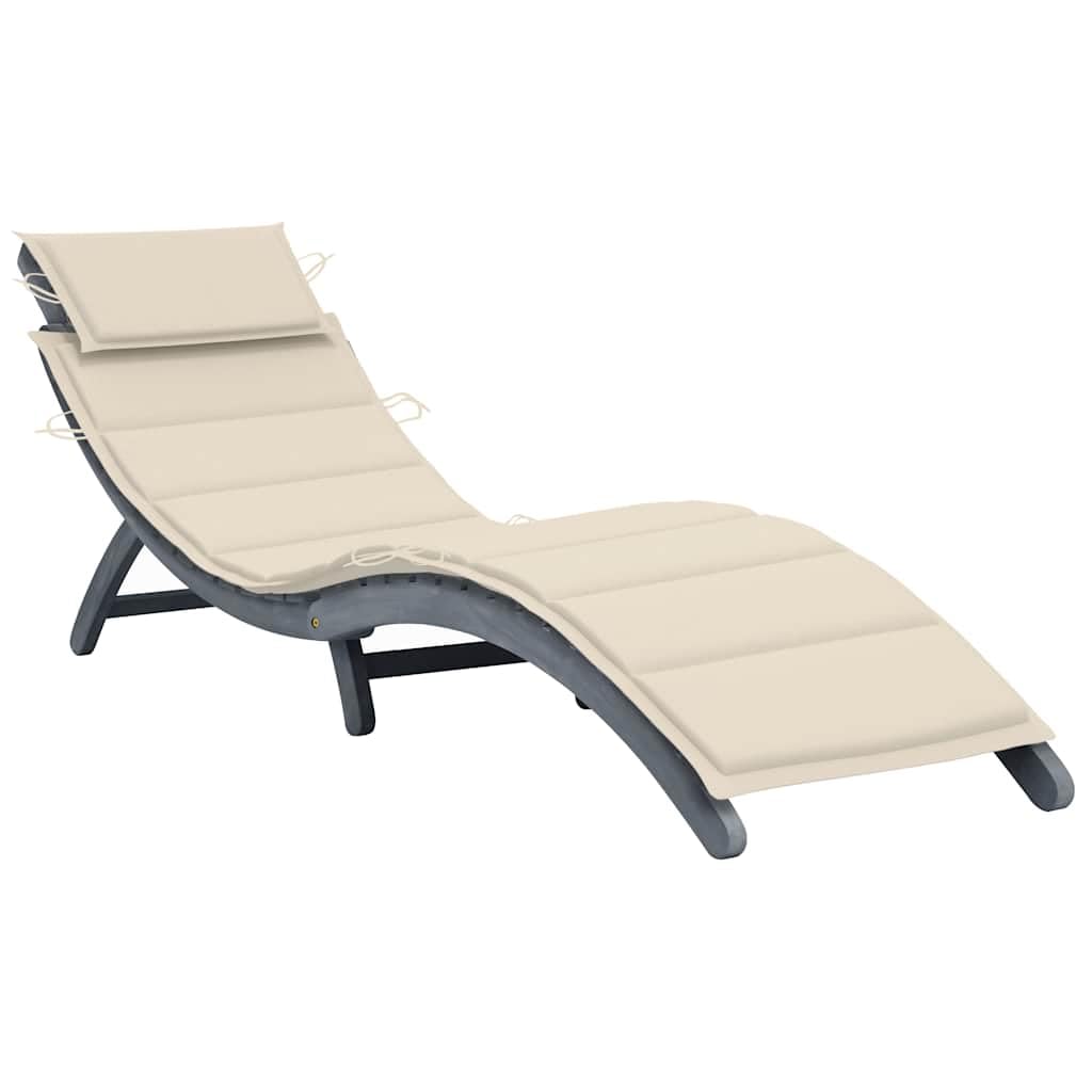 Leżak do opalania z nakładką, szary, wykonany z litego drewna akacjowego, składany i regulowany, do ogrodu, na taras, balkon, basen, plażę, kemping, wellness, relaks, zajmuje mało miejsca i