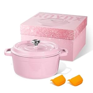 Dutch Oven Pot with Lid, Enameled Cast Iron Coated Dutch Oven 6QT Deep Round Oven, Non-Stick Pan with Dual Handle for Braising Broiling Bread Baking Frying, for Open Fire Stovetop Camping Pink
