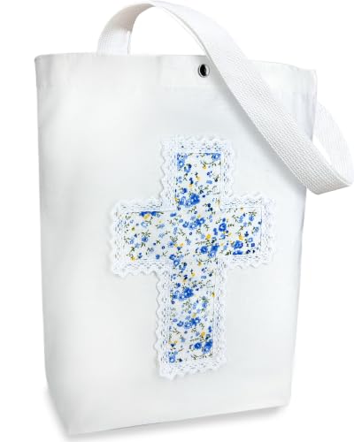 Christian Tote Bag Gift for Women, Canvas Bible Bag Handmade Floral Cross