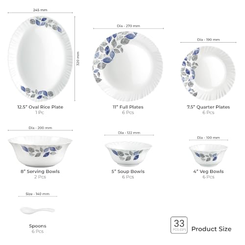 Image of Treo by Milton Opalware Aurelia Lunis Dinner Set of 33 | Serving for 6 | Microwave & Dishwasher Safe | Bone-Ash Free | Tempered Toughness | Plates, Bowls, Spoons | Crockery Set for Dining & Gifting