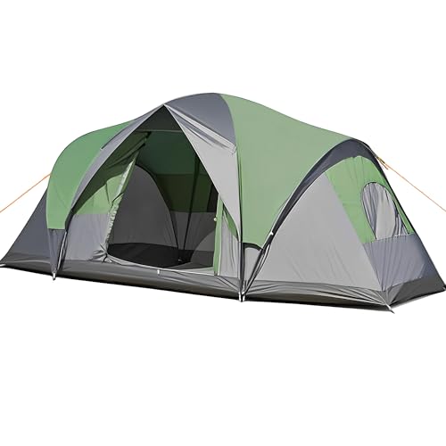Newfulam Familienzelt 6-10 Personen, Wasserdicht Tunnelzelt mit 5 großen Netzfenstern, 2 Zimmer, Fliegengitter, doppellagig, Campingzelt, stabil, tragbar Großes Zelt für Campen & Festival (Grün)