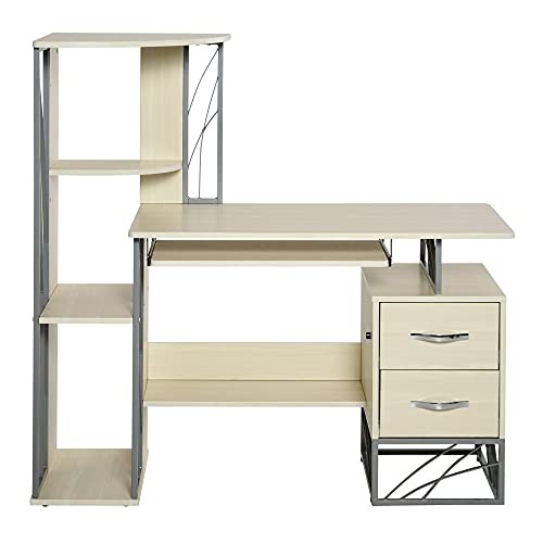 HOMCOM Modern Computer Desk with 4-Tier Bookshelf, Home Office Writing Table Workstation with Tower Storage Shelves Keyboard Tray & Lockable Drawers, Natural HOMCOM Modern Computer Desk with 4-Tier Bookshelf, Home Office Writing Table Workstation with Tower Storage Shelves Keyboard Tray & Lockable Drawers, Natural