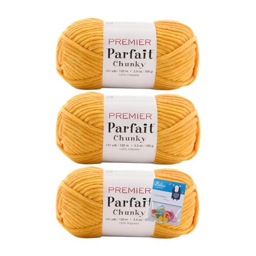 Image of Premier Yarns Parfait Chunky Chenille Yarn 3.5 Oz 6 Super Bulky Weight 3 Pack Bundle with Bella's Stitch Place Holders (Maize)