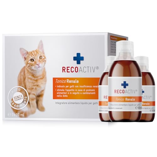 RECOACTIV Tonico Renale per gatti, 3 x 90 ml, integratore alimentare per supportare la convalescenza in caso di primi sintomi di compromissione della funzionalità renale nei gatti o come profilassi.