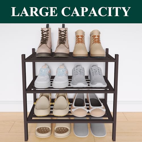 Image of Smiry Bamboo Shoe Rack, 5 Horizontal Slats, 3 Tier - 17.3 inch Wide, Brown