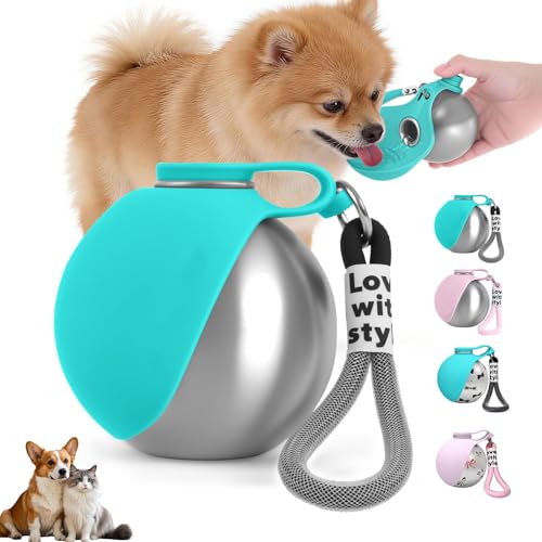 Trinkflasche Hunde für Unterwegs Hundetrinkflasche für Unterwegs mit Silikonnapf 285ML Edelstahl Auslaufsichere Hunde Trinkflasche für Katzen&Hunde Spaziergänge und Wanderungen (Blau A)