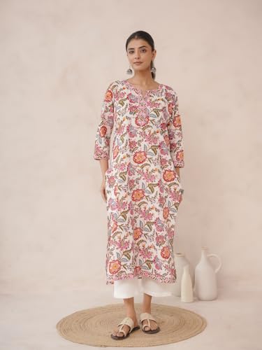 Image of GOODHAND Pure Cotton Floral Printed Long Kurta for Women | Straight Fit Ethnic Kurta | Round Neck 3 /4 Sleeve Kurta
