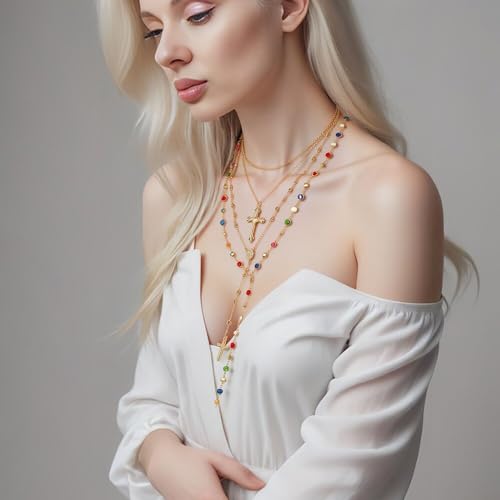 Gold Layered Cross Necklaces For Women Dainty Adjustable Colorful Crystal Long Tassel Cross Pendent Necklace Set Fashion Jewelry For Women (Gold) by NOVYRA - Used condition - Image 4