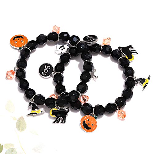 NVENF 2PCS Halloween Bracelets for Women Pumpkin BOO Ghost Charm Bracelets Black Bead Stretch Bracelet Set Costume Party Gifts2