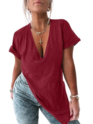 Image of Womens Deep V Neck T Shirts Oversized Side Split Summer Sexy Tunic Tops