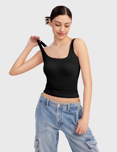 PUMIEY Tank Top for Women Sleeveless Double Lined Basic Summer Tops, Jet Black Small