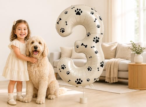Image of 40 Inch Cream Beige Number 3 Foil Balloon DIY with Dog Paw Bone Stickers
