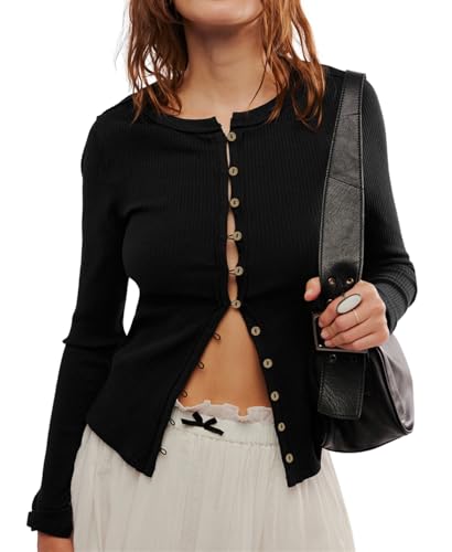 Image of Womens Slim Fitted Ribbed Cardigan Long Sleeve Y2K Button Down Shirts Lightweight Pullover Tunic Tops