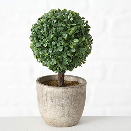 Realistic Faux Boxwood Sculptural Topiary, Set of 3, Curly Leaf, Cone and Ball Tops, Gray Stone Pot, Each 5.5 Inches Tall, Mixed Materials