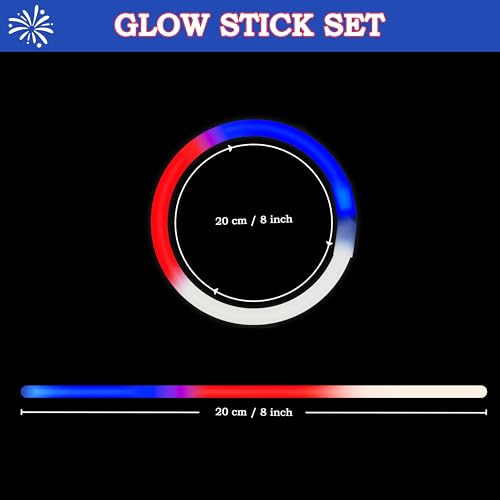 JOYIN 72 Pcs July 4th Glow Sticks Bulk with Connectors, Red White Blue 3 Colors In 1 Glow in The Dark Stick, Light Up Bracelets & Necklaces for Kids & Adults, Party Favor Supplies For Independence Day - image 2