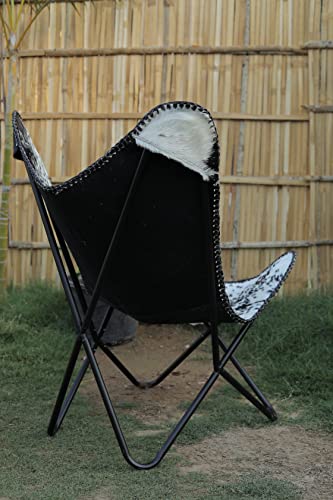 Leather Jackson Handmade Leather Living Room Butterfly Chair Genuine Leather Brown Butterfly Chair For Relaxing With Folding Iron Frame Vintage Chair Home Décor (Black And White With Fur Leather) #TOP2