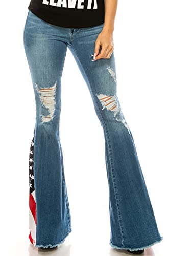 Women's Ripped American Flag Bell Bottom Jeans High Waisted Frayed Raw Hem Casual Slim Denim Pants2