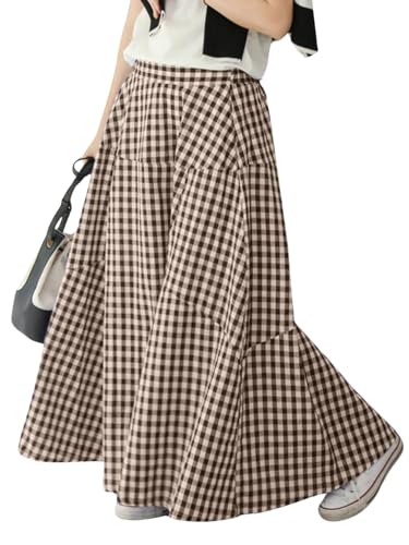 Women's High Waist Plaid Gingham Skirt Casual Cotton Tiered Swing A Line Maxi Skirt