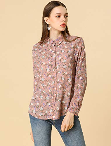 Allegra K Women's Button Down Floral Shirt Blouse Long Sleeve Point Collar Button Up Shirts Top Medium Pink