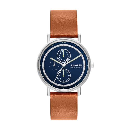 SKAGEN Signatur Montre Homme, Mouvement Multifonction Quartz avec Bracelet en Acier Inoxydable ou Cuir, Bleu et Argent, 40 mm