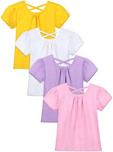 Poroka 4 Pack Toddler Girls' Cotton Short-Sleeve T-Shirt Puff Sleeve Tee Tops Toddlers Solid Crew Neck T-Shirt for Kids