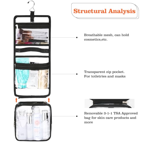 Clear Toiletry Bag with TSA Liquids Travel Bag, Hanging Travel Transparent Makeup Cosmetic Organizer, Waterproof Carry On Airline 3-1-1 Compliant Bag Quart Sized Luggage Pouch (Black-Clear)3