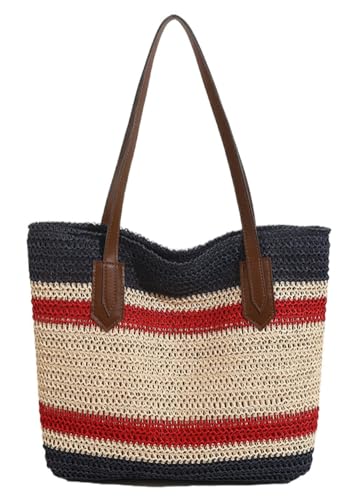 Summer Straw Shoulder Bags for Women Large Straw Beach Bag Color Strip Woven Tote Bags Handbag Woven Tote Bag Purse 2025