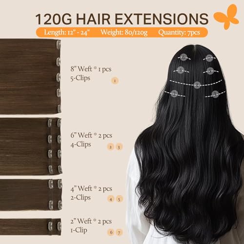 Image of DOORES Human Hair Extensions Clip in Chocolate Brown 120g 7pcs 20 Inch Clip in Hair Extensions Remy Hair Extensions Straight Thick