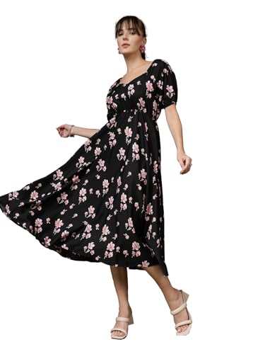 Image of OOMPH! Below Knee Shift Pink Dress in Crepe Fabric with Round Neck and Puff Sleeves - md619l