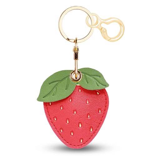 Zhapynil Leather Keychain for Airtag Cute Protective Keychain Holder Compatible with Apple Air Tag GPS Case Cover for Keys(Strawberry)