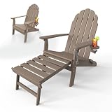 POLYDUN Folding Adirondack Chair with Retractable Ottoman, HDPE Plastic Patio Chairs for All Weather, Fire Pit Chair with Cup Holder, Outdoor Lawn Chairs for Deck, Porch, Backyard, Weathered Wood