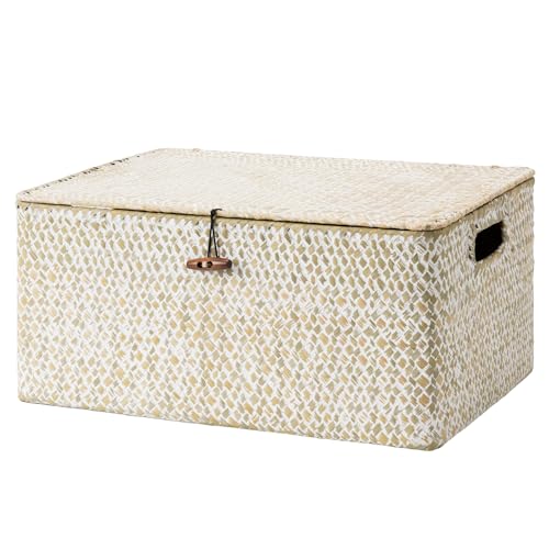 Image of StorageWorks Wicker Basket with Lid, Storage Baskets with Lids, White | Woven Baskets with Lids for Shelves, Wicker Storage Baskets with Lids, Lidded Baskets for Organizing, Large, 1 Pack