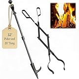 AMAGABELI Garden & Home 32" Long Fire Pit Poker Stick and 26" Fireplace Tongs Tool Sets Log Grabber for Firewood Campfire Bonfire Heavy Duty Iron Rustproof Indoor Outdoor Wood Stove