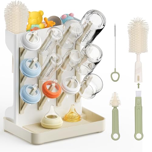 Viddett Superior Vertical Baby Bottle Drying Rack with 4-Pack Brush Set: Space-Saving Countertop Drying Rack - BPA-Free Baby Accessories Storage Stand Organizing Brushes & Pacifiers - Warm Beige