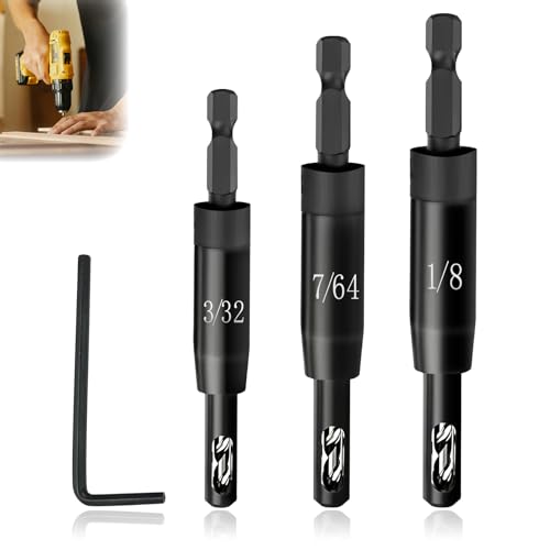 Upgraded Self Centering Drill Bit Set Vix Bit, CC2430 3/32', 7/64', 1/8' for 1/4In Hex Shank Drills, #6 8 10 Hinge Drill Bit, Install Hinge &Drill Pilot Hole, Ultra-Hard Steel, High-Precision &Durable