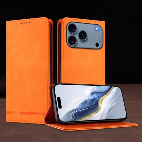 Étui en cuir iPhone 17 Pro orange à rabat magnétique et finitions premium
