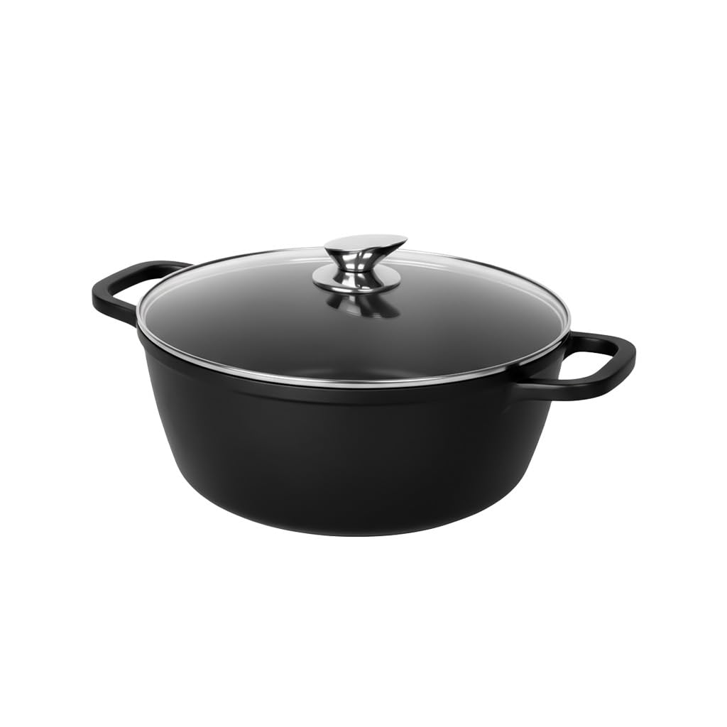 Die-cast Aluminium Induction Stock Pot 20cm with Glass Lid & Steam Vent Casserole Pot Oven-Safe (Without Lid) Non Stick Cooking Pot for Soups Pasta Stews (Black, 2.5L Stockpot)