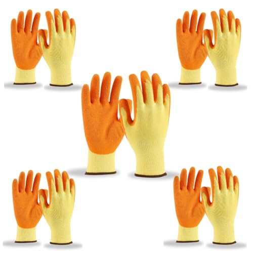 Image of 5Pair Nylon Knitted Latex Rubber Coated Safety Hand Protection Working Gloves For Anti Cut Heat & Fire Resistant Industrial Gloves For Men Women (PACK OF 10Gloves) (yellowornage-5pair)