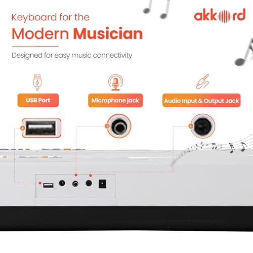 Image of Akkord 61-Key Octave Electronic Keyboard with adapter- LCD Display| USB Input| Mic |Music Sheet Stand | 255 Rhythms | 255 Timbres | 24 Demos | White
