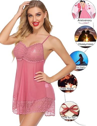 Image of SSoShHub Lace Babydoll Lingerie Sexy Mini Chemise Mesh Wedding Nightie Bridal Nightdress with Bikini