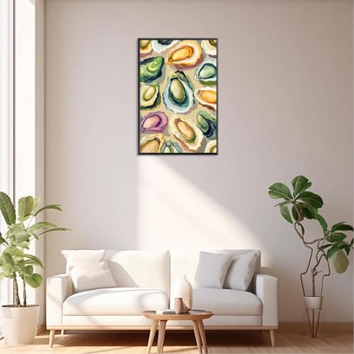 Image of Colorful Beachy Shell Canvas Wall Art Funny Coastal Oyster Shell Poster Abstract Summer Seaside Beach House Prints Painting For Home Living Room Kitchen Restaurant Wall Decor 8x12in Framed