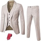 MrSure Herren 3 Stück Anzug Blazer Slim Fit Smoking mit Einem Knopf Jacke Weste Hose Krawatte Set für Party, Hochzeit und Business, Beige, M
