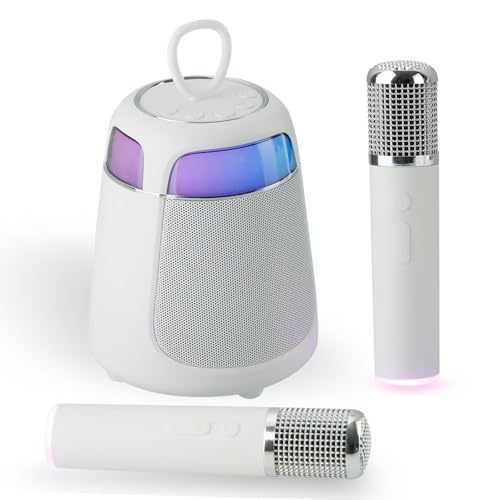 Mini Karaoke Machine with 2 Wireless Microphones, Portable Karaoke Machine for Kids & Adults, 10W Bluetooth Speaker with Voice Changer, Lights, Supports USB/TF/AUX