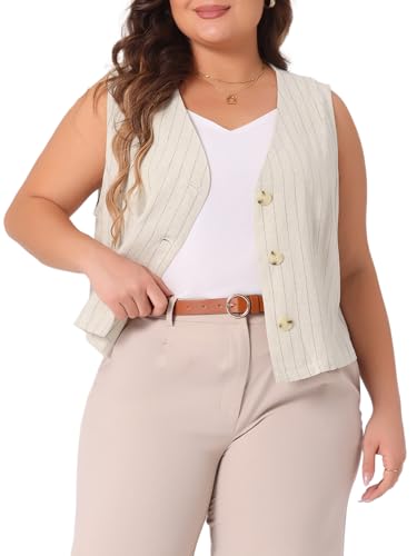 Agnes Orinda Plus Size Linen Vest for Women Sleeveless Button Down V Neck Crop Top Summer Waistcoat Vests2