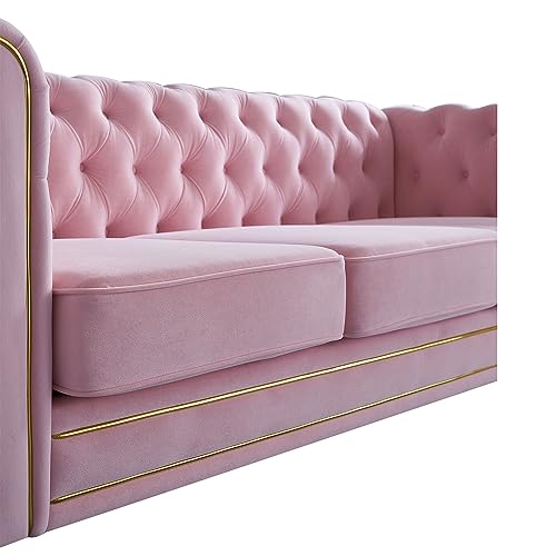 Image of KEIKI 85 inch Chesterfield Velvet Tufted Button Sofa with Deep Seat Cushions and Rolled Arms, Modern Style 3-Seater Couch Decorated with Gold Strip, Easy Assembly, for Living Room, Bedroom, Office, Pink